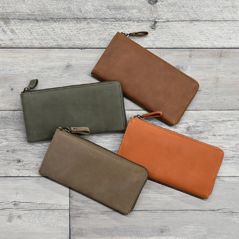 TIDY Organize your wallet, grow your own wallet, L-shaped zipper long wallet made of all leather with name HAW009 - กระเป๋าสตางค์ - หนังแท้ สีเทา