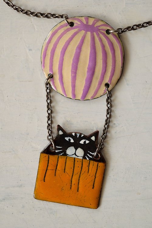 Miska Black Cat In Air Balloon, Enamel Necklace, Cat Jewelry, Cat Necklace,