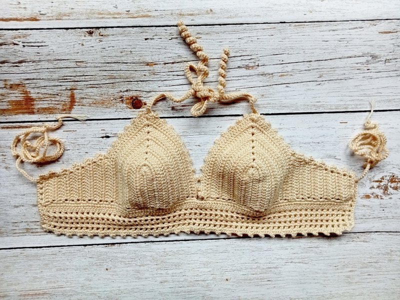 Size 30-32 inches Crochet Sexy Bikini Tops Tie Neck |Tie Back Handmade - Women's Tops - Acrylic Gold