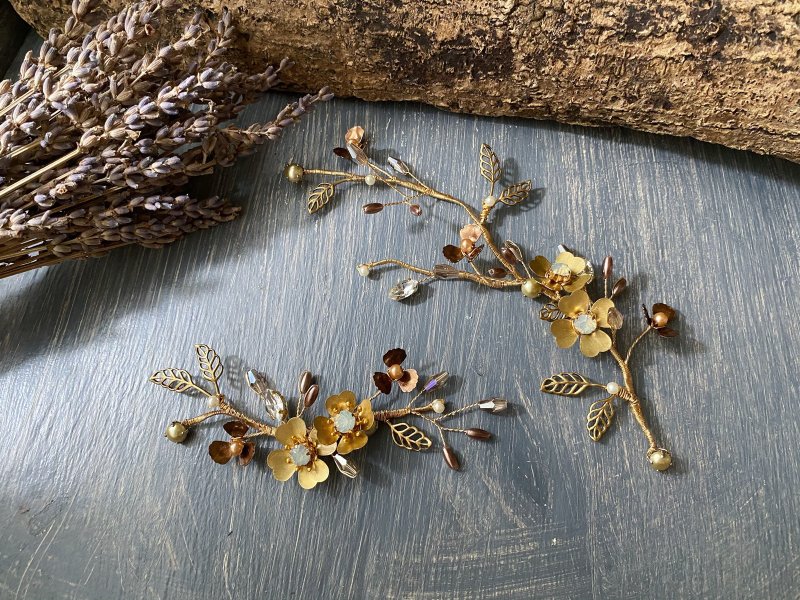 Handmade Bridal Jewelry - Nongben Duoqing Micro Retro Hand-dyed Bronze Hair Accessories 2-Piece Set - เครื่องประดับผม - ทองแดงทองเหลือง 