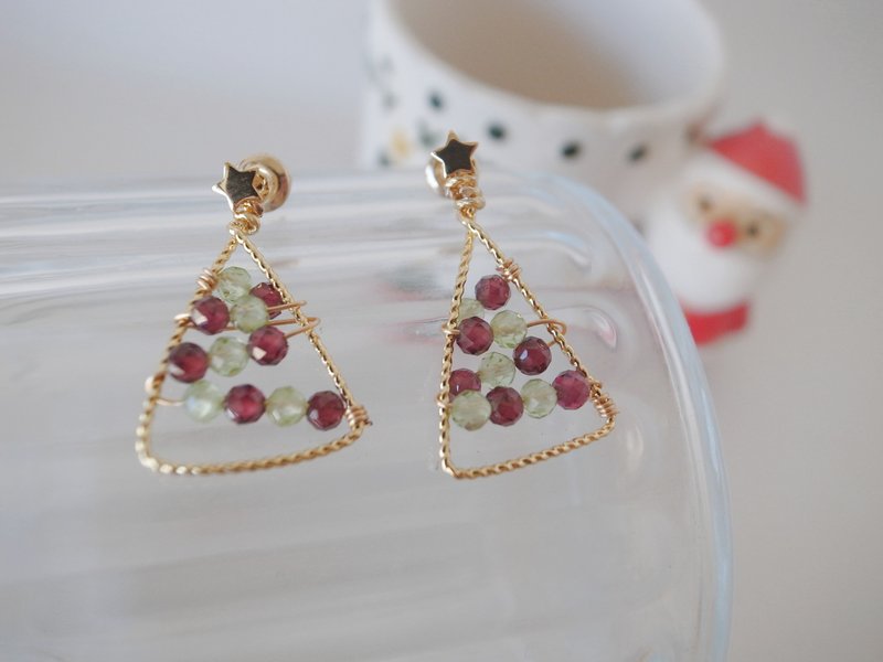 [Earrings] 2-way gold-filled Christmas tree earrings star natural stone Christmas gift - ต่างหู - คริสตัล หลากหลายสี