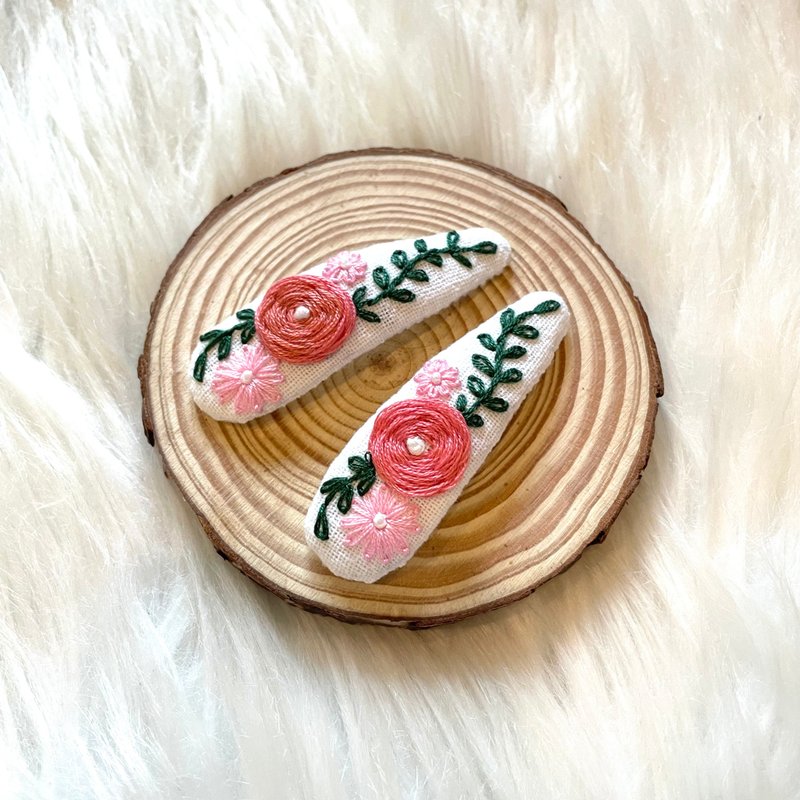 刺繡紫色花髮夾 - 兩件套 手工刺繡髮夾 - 髮圈/髮夾 - 棉．麻 粉紅色