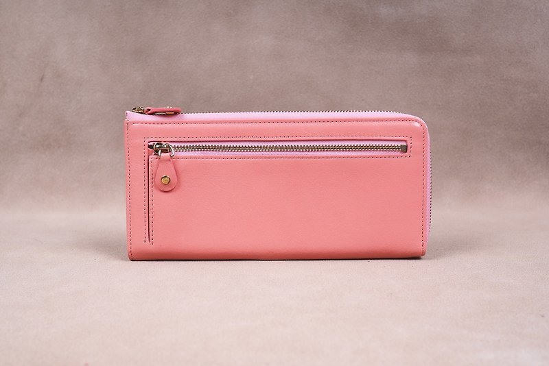 Italian Vegetable Genuine Leather Lady Long Wallet Zipper Wallet Purse Pink - 長短皮夾/錢包 - 真皮 粉紅色