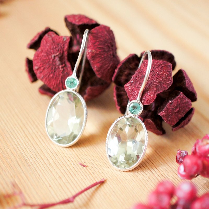 10x13mm Oval Faceted Green Amethyst with Emerald Silver Earring - ต่างหู - เครื่องเพชรพลอย สีเขียว