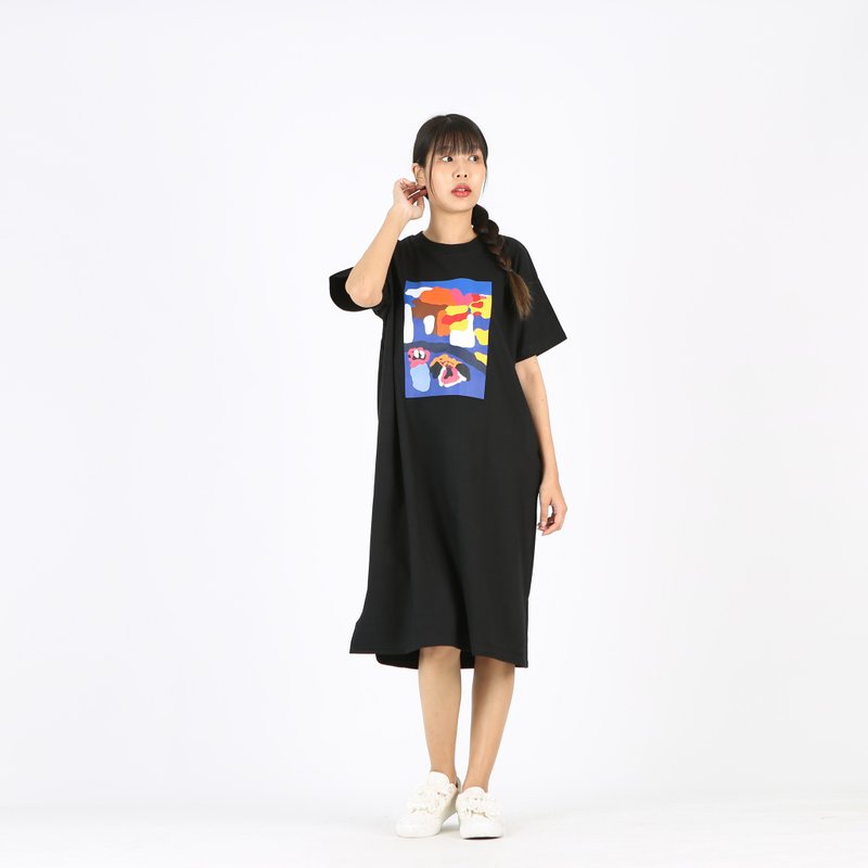 Short Dress Cotton Digital Print Screen - 洋裝/連身裙 - 棉．麻 黑色
