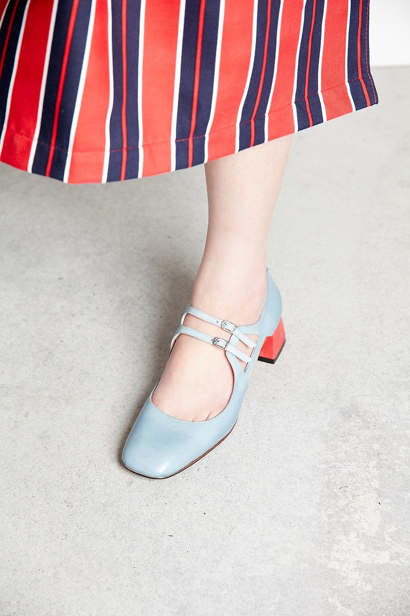 HTHREE 4.6 Square Head Mary Jane Heel Shoes / Aqua Blue / Square Toe Mary Jane Heels - รองเท้าส้นสูง - หนังแท้ สีน้ำเงิน