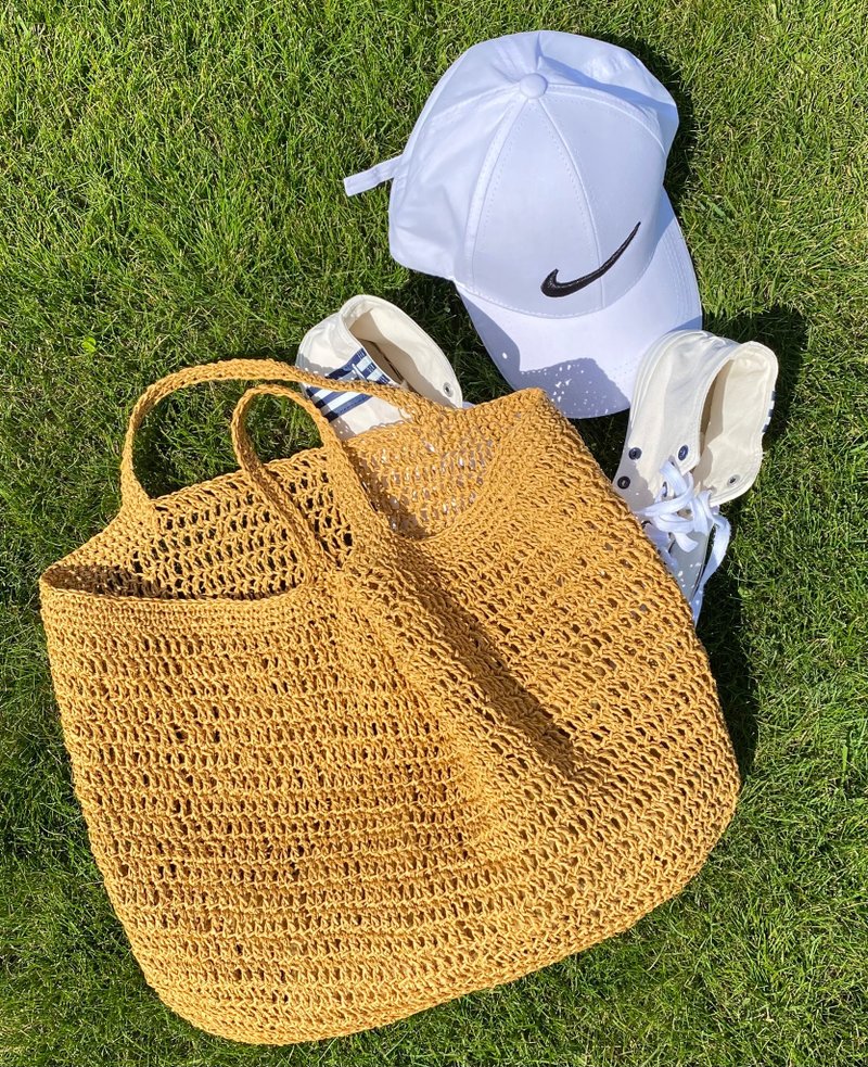 Crochet straw bag, crochet handmade bag, raffia tote bag - 手提包/手提袋 - 棉．麻 咖啡色