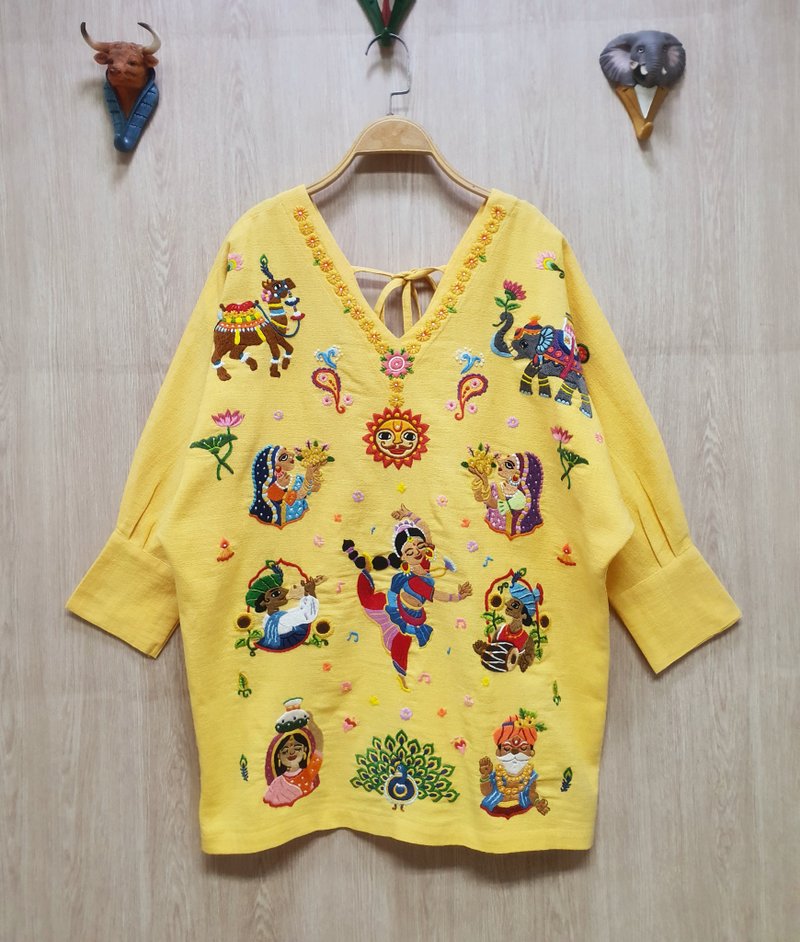 手工刺繡連衣裙、棉布、印度、大象、駱駝、孔雀 - 洋裝/連身裙 - 繡線 黃色