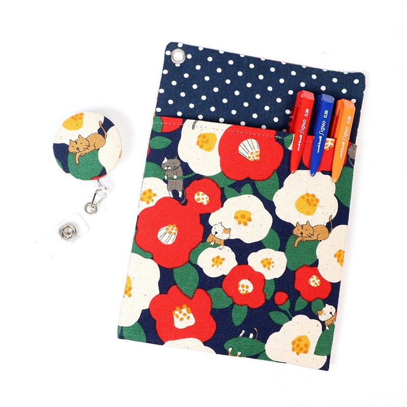 醫師袍 口袋式 防漏墨 筆袋+證件夾 -貓咪 山茶花 / 乙女椿 (藍) - 鉛筆盒/筆袋 - 棉．麻 藍色
