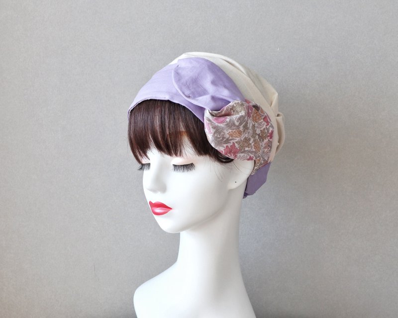 Flower lover Liberty Fabric with Violet Sash Ribbon and Cream Hair Turban Medical Hat/Care Hat Care Cap - เครื่องประดับผม - ผ้าฝ้าย/ผ้าลินิน สีม่วง