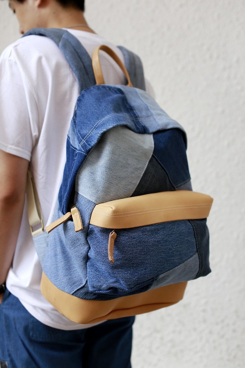 牛仔拼布背包 denim backpack - 背囊/背包 - 棉．麻 藍色