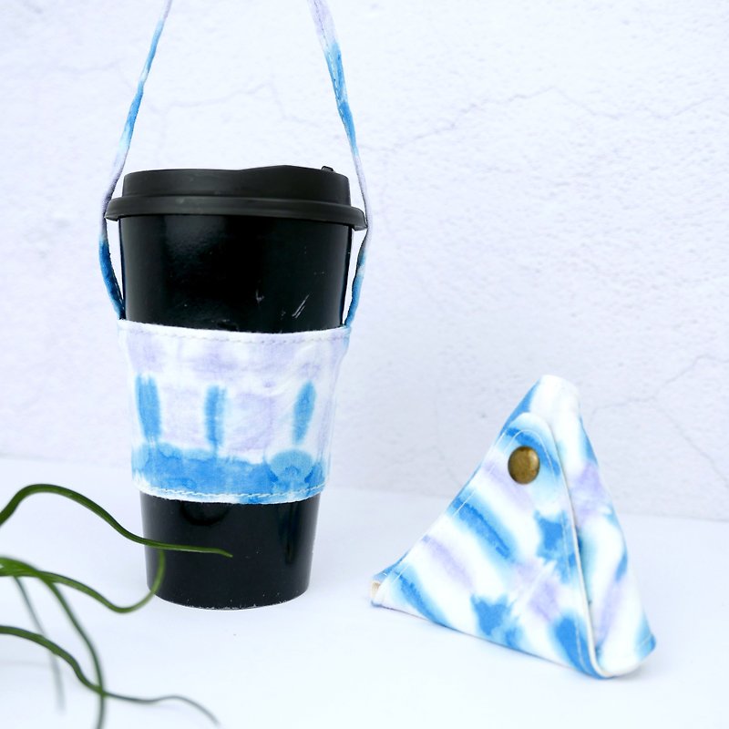 Xmas gifts package Tie dye Triangular Coin Case + Reusable Coffee Sleeve - ถุงใส่กระติกนำ้ - ผ้าฝ้าย/ผ้าลินิน สีม่วง