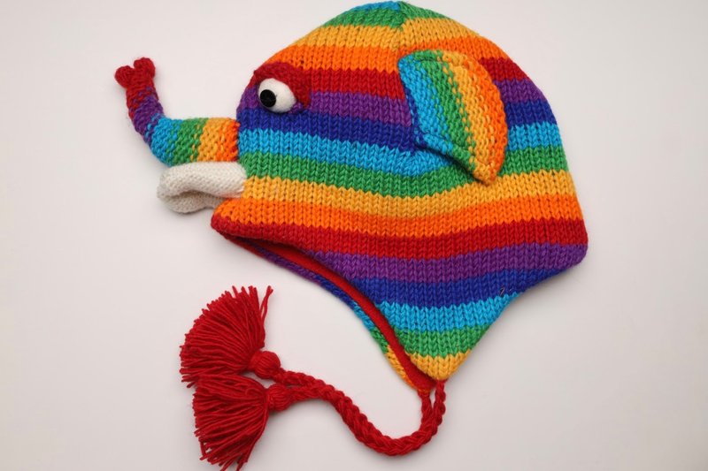 Rainbow color three-dimensional elephant pure wool thread hand-woven fully lined windproof fur hat and ear protection hat | Exchange gift - หมวก - ขนแกะ หลากหลายสี