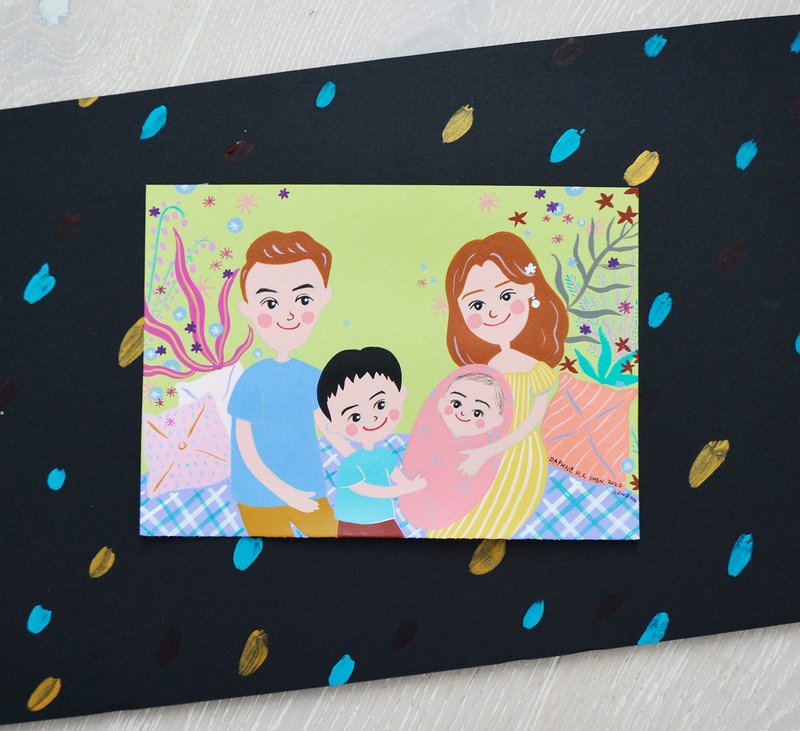 Hand-painted custom family portrait-4 people like Yanhui Birthday/Lover/Wedding/Christmas/Mother's Day/Commemorative - Customized Portraits - Paper Green