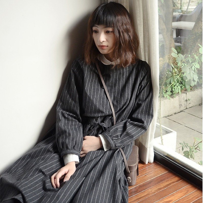 法式復古條紋洋裝|連衣裙|羊毛+棉混紡|獨立品牌|Sora-49 - 洋裝/連身裙 - 棉．麻 