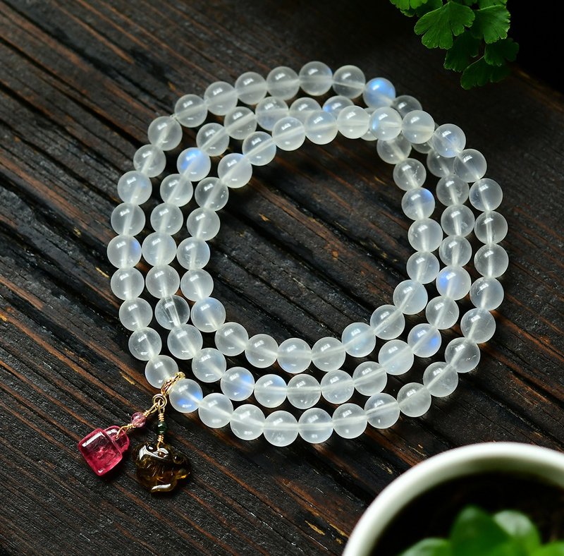 Best Natural Moonstone 6.5MM Bracelet Glass Body With Blue Light Embellished Tourmaline Ruyi + Small Lock - สร้อยข้อมือ - เครื่องเพชรพลอย 