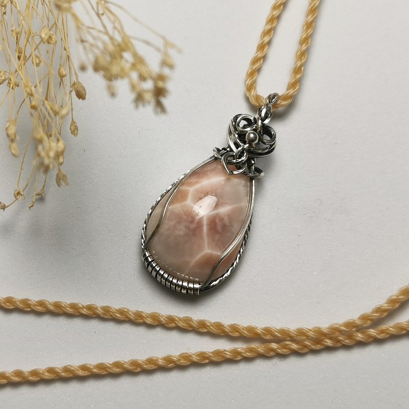 Pink Larimar/Nazeite-Pure Silver Braided Design Pendant/With Waterproof Wax Line Necklace/Adjustable Length - สร้อยคอ - เครื่องประดับพลอย สึชมพู