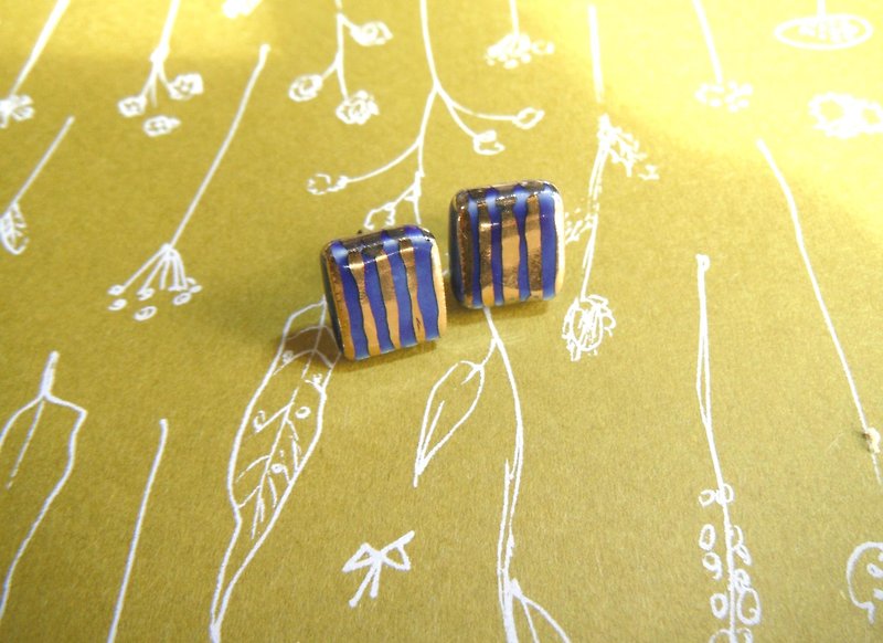 Gold color stripe pierc blue - Earrings & Clip-ons - Pottery Blue