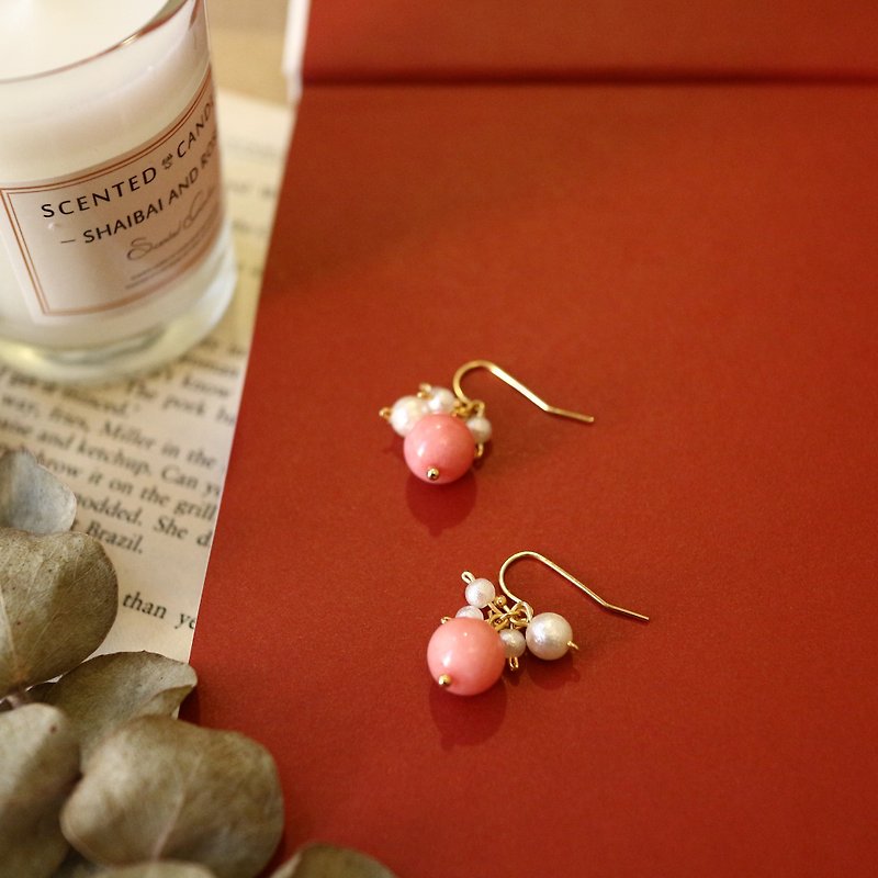 18k包金 粉色天然石寶石串珠日本棉珍珠耳環 簡約極簡 - 耳環/耳夾 - 半寶石 粉紅色