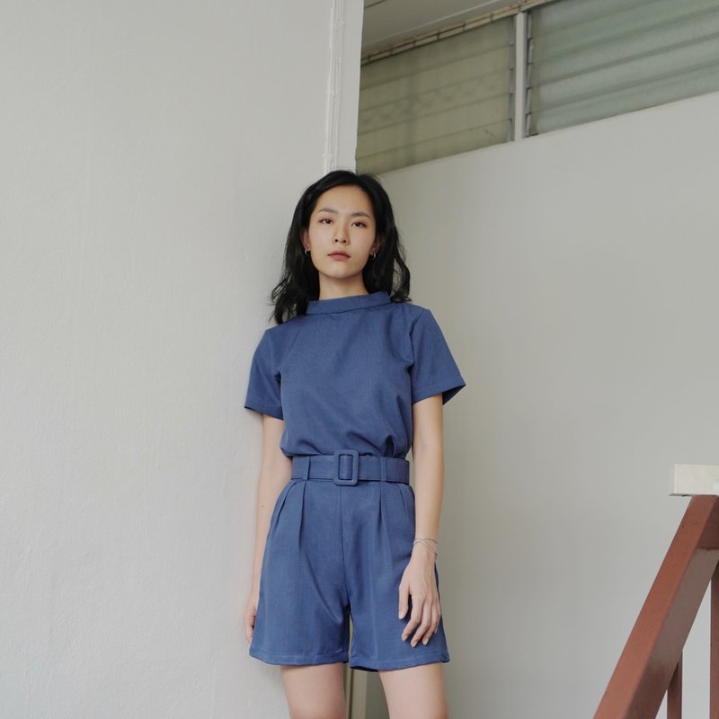 Belted Shorts (Navy) - 女長褲 - 棉．麻 藍色