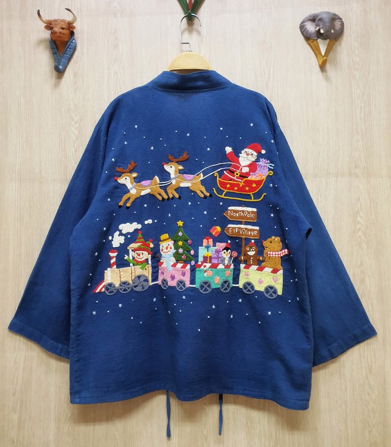 手工刺繡開衫、棉花、聖誕節、聖誕老人、聖誕節、馴鹿、小精靈 - 女大衣/外套 - 繡線 藍色