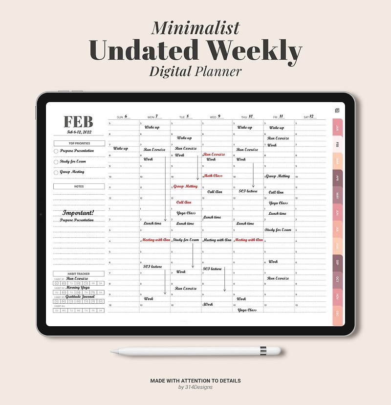 Undated Weekly Digital Planner, Goodnotes ipad Planner, Daily hourly Minimalist - ดิจิทัลแพลนเนอร์ - วัสดุอื่นๆ 