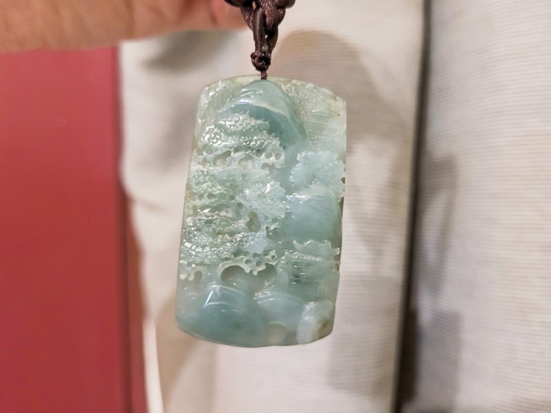 [Pro-Cui] Natural Jadeite Full Green Landscape Brand Multi-Wooden Bag Hanging / Car Hanging / Charm Graduation Gift - พวงกุญแจ - หยก 