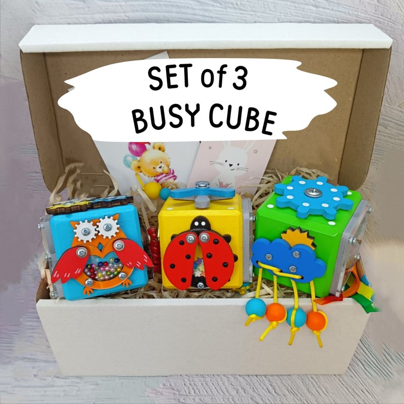 Set of 3 montessori toys Activity cube for travel, Busy cube for toddlers Fidget - ของเล่นเด็ก - ไม้ 