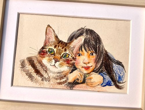 銘心藝品 客製 寵物插畫 精緻溫馨插畫 女孩與貓貓 含框包裝 似顏繪