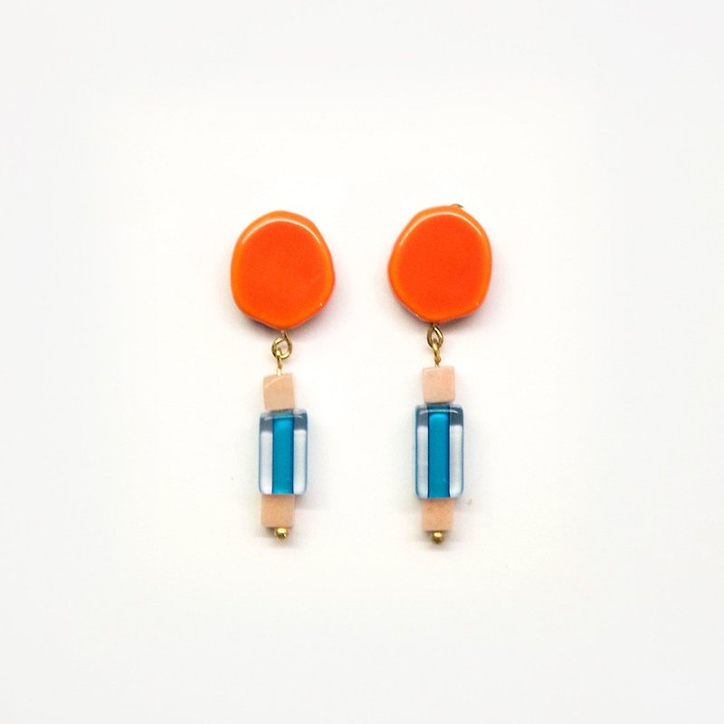 Orange and Blue Beaded Earrings - ต่างหู - โลหะ สีส้ม