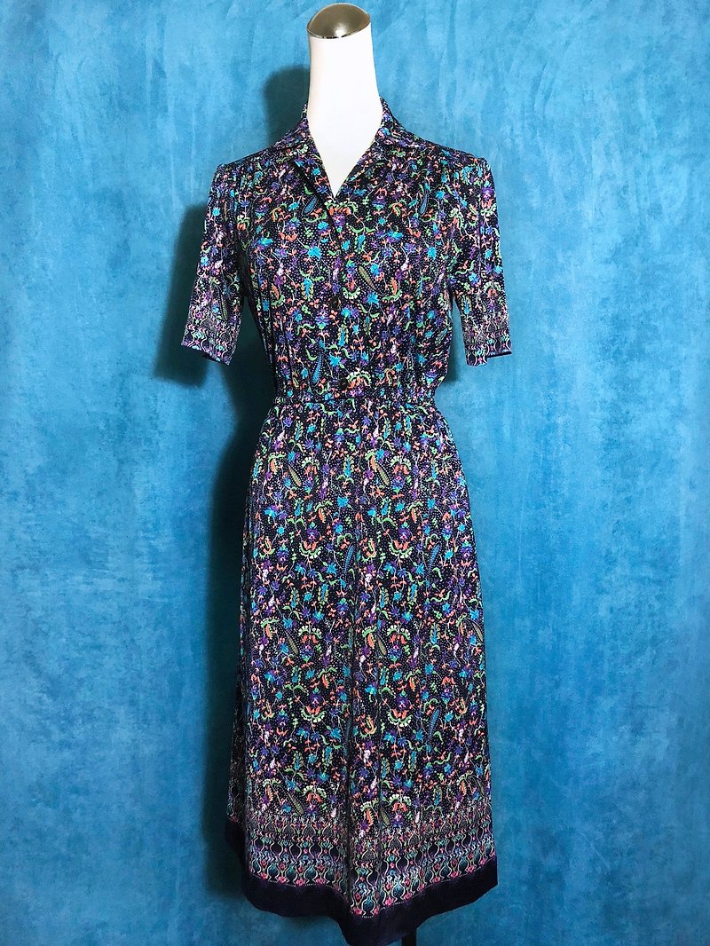 Pingpong vintage [Vintage dress / blue-purple printed short-sleeved vintage dress] brought back VINTAGE abroad - One Piece Dresses - Polyester Multicolor