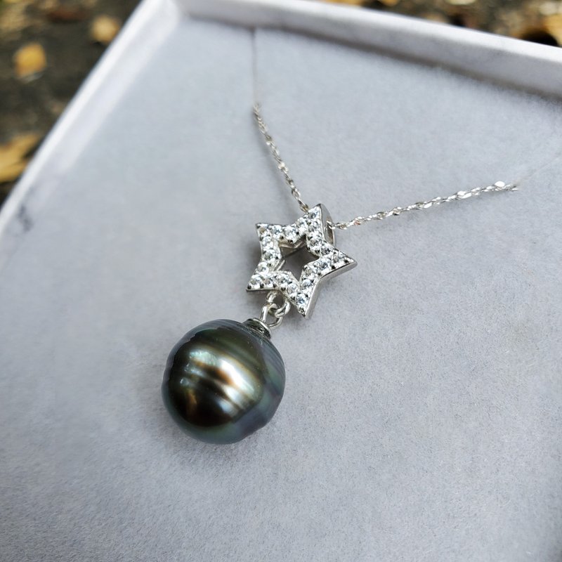 Shiny Star Natural Peacock Green Ringed Tahitian Baroque Pearl Silver Necklace - สร้อยคอ - ไข่มุก สีเขียว