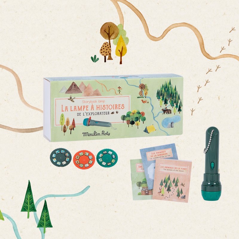 French Moulin Roty Story Flashlight Hardcover Set-Explore the World - สมุดภาพเด็ก - พลาสติก สีเขียว