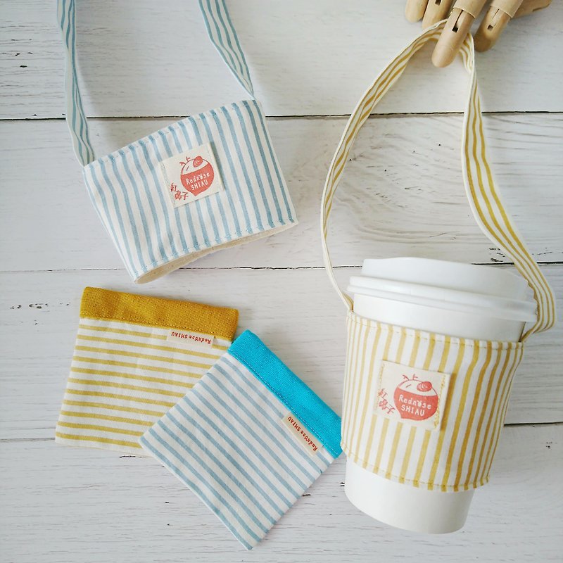 Stripes in hand-Maca blue + mustard yellow cup set + coaster set - Beverage Holders & Bags - Cotton & Hemp 