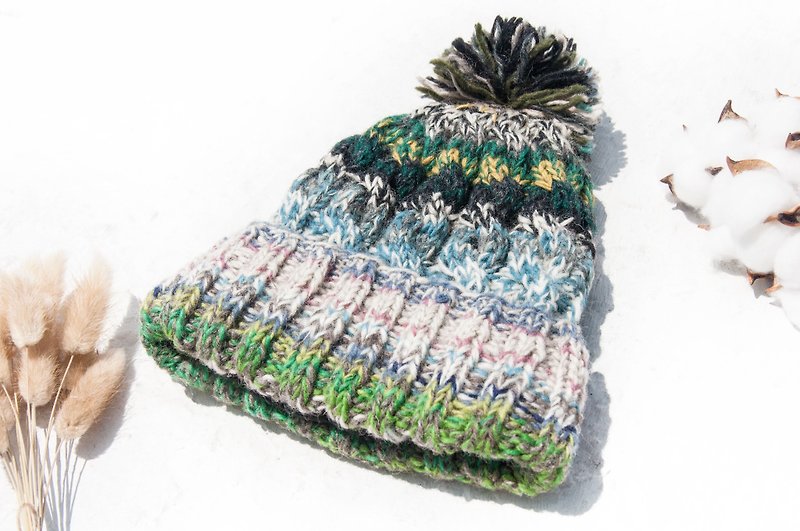 手工編織純羊毛帽/編織帽/針織毛帽/內刷毛手織毛帽-北歐綠色森林 - 帽子 - 羊毛 多色