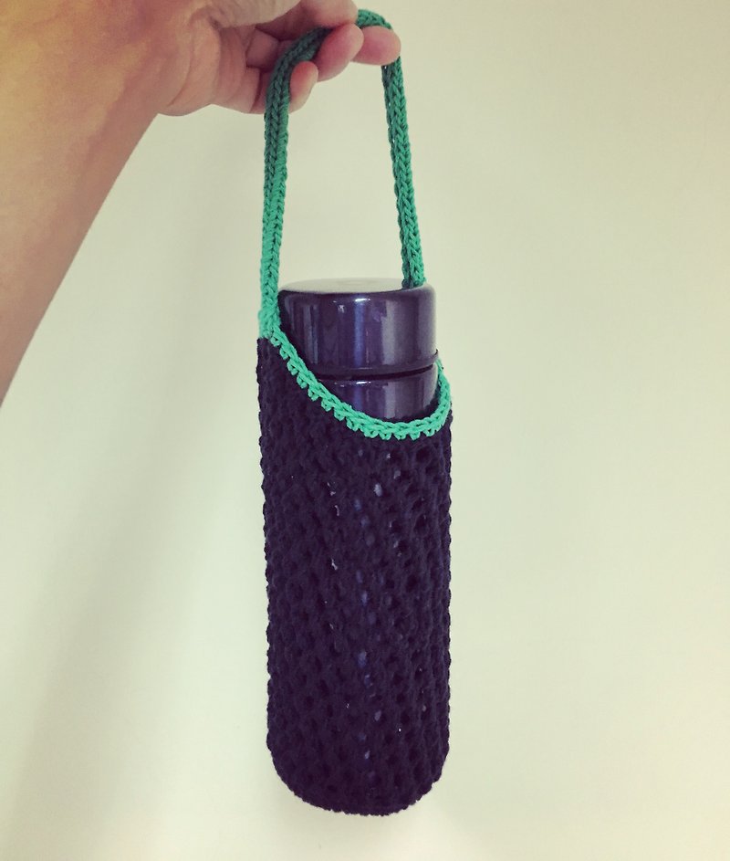 Mesh woven water bottle bag drink bag black and green - ถุงใส่กระติกนำ้ - ผ้าฝ้าย/ผ้าลินิน 