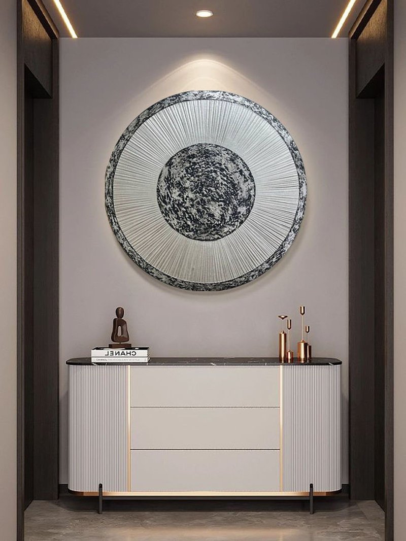 Large Round Wall Decor Silver Circle Textured Painting on Canvas with SilverLeaf - 壁貼/牆壁裝飾 - 棉．麻 銀色