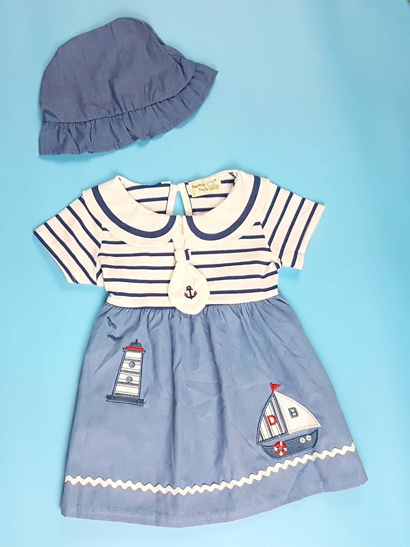 海洋風 兒童水手連衣裙 附藍色小帽 - 童裝禮服 - 棉．麻 藍色