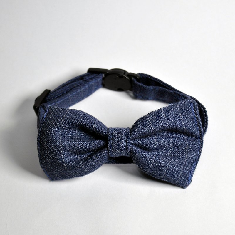 Cat bow tie detachable bow tie gentleman style dark blue plaid gentleman cat bow tie - ปลอกคอ - ผ้าฝ้าย/ผ้าลินิน สีน้ำเงิน