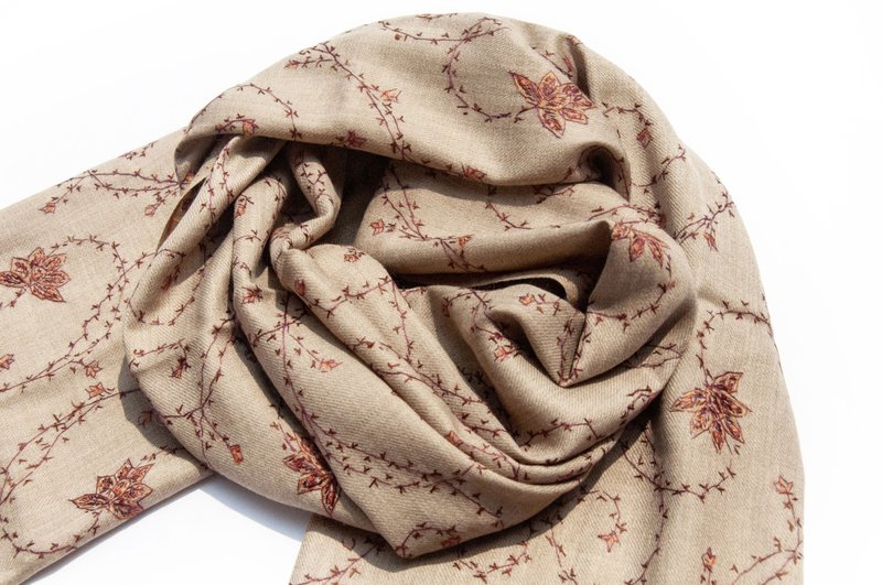 Cashmere/cashmere scarf/pure wool scarf/ring velvet shawl-embroidered flowers - ผ้าพันคอถัก - ขนแกะ สีกากี