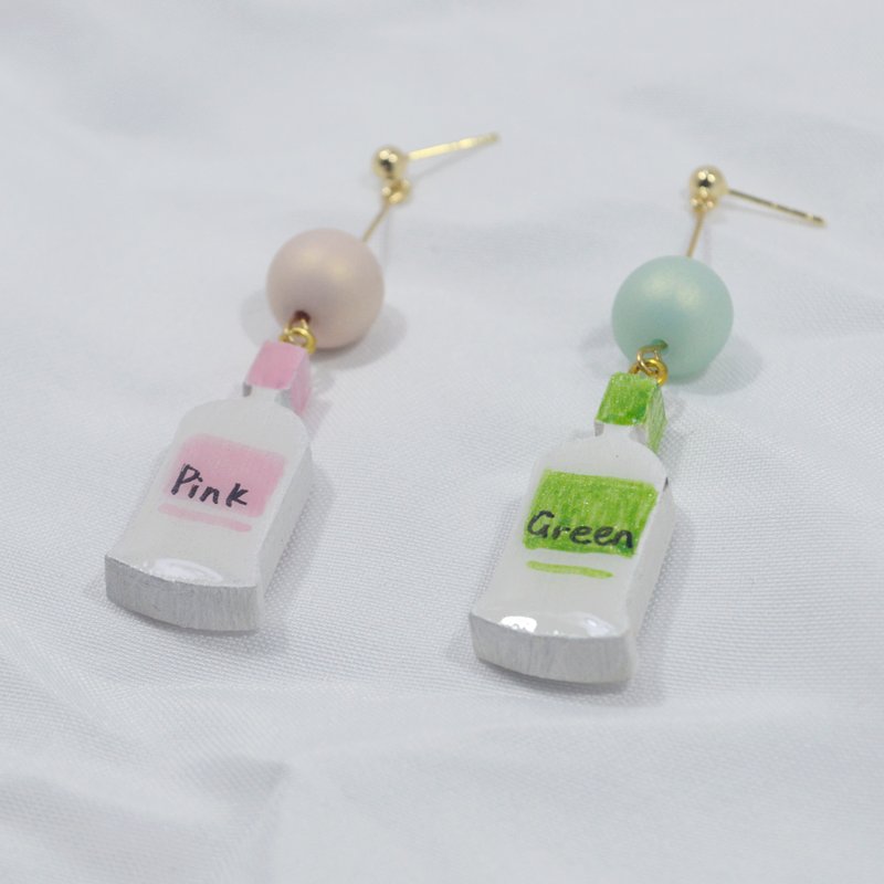 藝術生 粉色與綠色 pink green 瓶裝顏料造型耳釘耳環 手繪木製 - 耳環/耳夾/耳骨夾 - 木頭 綠色