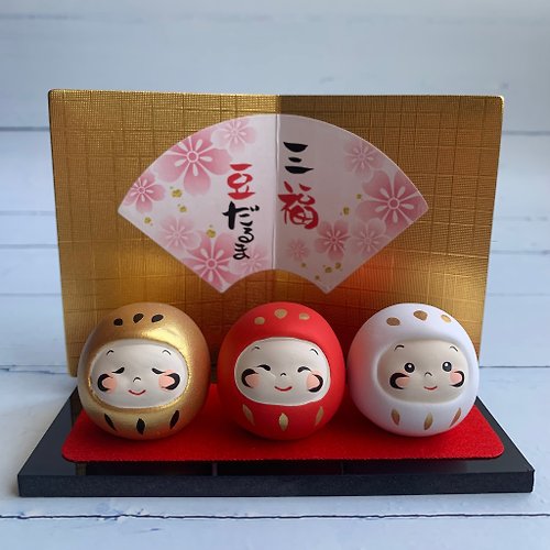 日本木村櫻士堂 - 吉享好物 三福豆人形-達摩-金紅白-日本吉祥物
