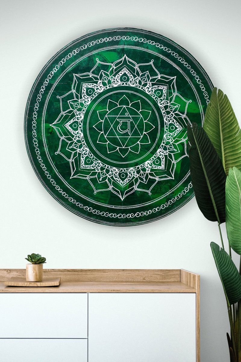 Mandala Anahata heart chakra Symbolic zen art Spiritual sacred geometry painting - Wall Décor - Acrylic Green