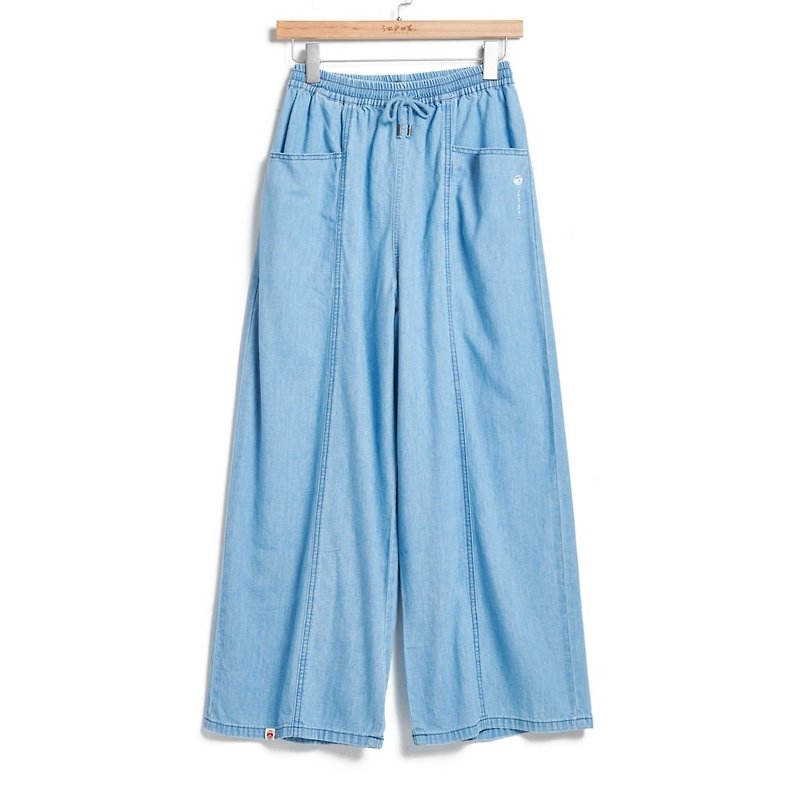 Edo Katsu Japanese style INDIGO flat pocket wide trousers - women's style (Stone washed blue) #pants#wide trousers - กางเกงขายาว - ผ้าฝ้าย/ผ้าลินิน สีน้ำเงิน