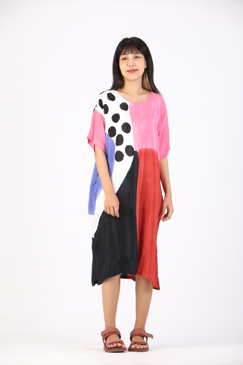 Short Dress Kaftan Cotton Silk Hand Paint Free Size - 洋裝/連身裙 - 棉．麻 粉紅色
