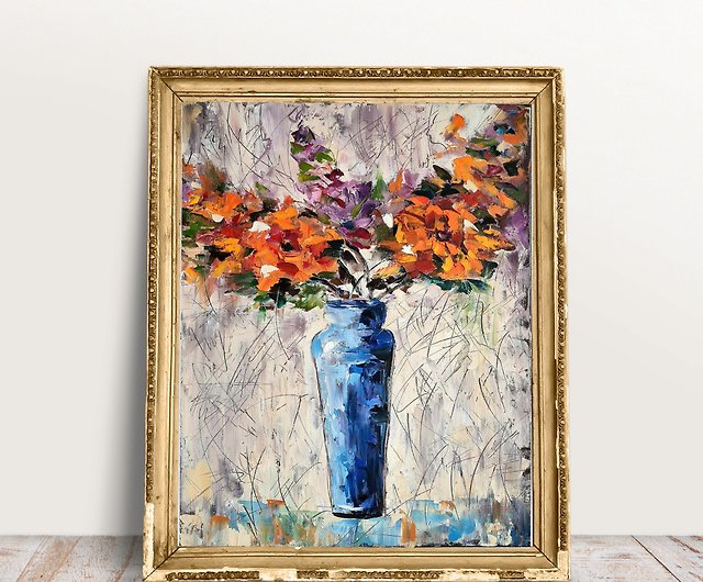 花のオリジナル油絵キャンバス油彩抽象画花瓶の花 - ショップ 