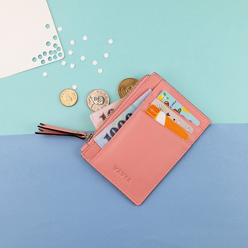 Zipped Card Purse สีชมพูcoral ทำจากหนังวัวแท้ - กระเป๋าสตางค์ - หนังแท้ สึชมพู