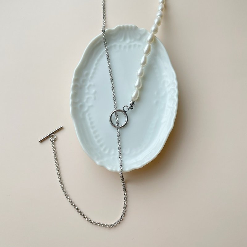 Baroque pearl x stainless steel necklace- Silver thin - สร้อยคอ - ไข่มุก สีเงิน
