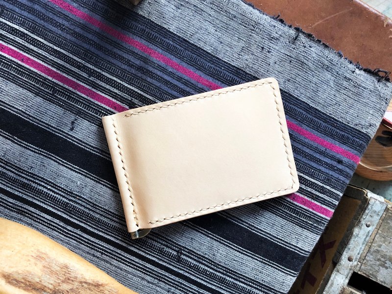 6 card position banknote clip, stitch leather DIY material bag, simple short clip, Italian leather silver paper clip - เครื่องหนัง - หนังแท้ สีกากี
