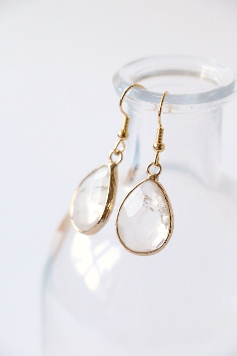 White quartz dangle earrings - 18k gold plated earrings - natural crystal - Earrings & Clip-ons - Gemstone Transparent